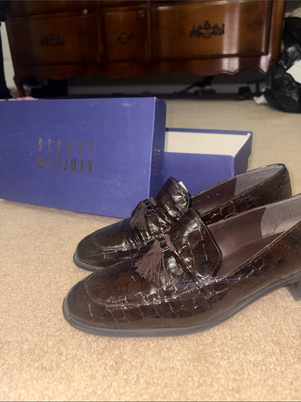 Vintage Stuart Weitzman Dark Brown Patent Leather Tassel Loafers